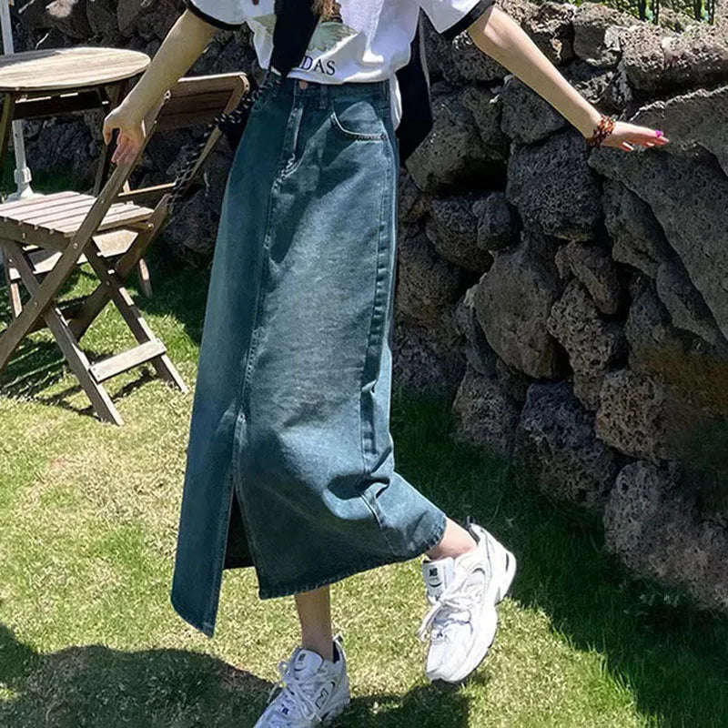 Bxoxo Vintage High Waist Women Denim Midi Skirt Summer Korean Thin Section Slit A Line Skirts Fashion Casual All Match Denim Skirts