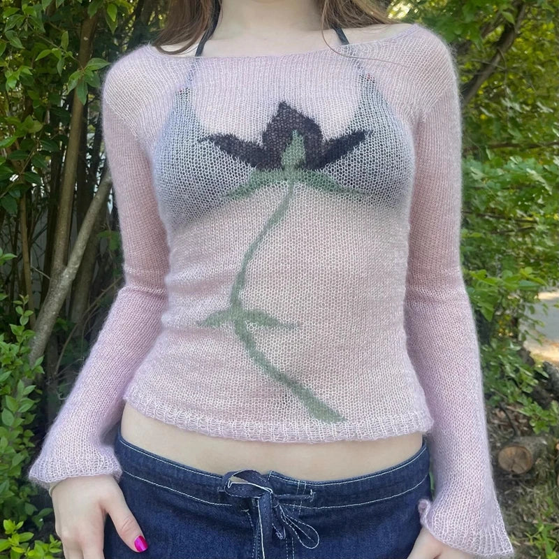 BXOXO Flower Long Sleeve Knitted Crop Tops Aesthetic See Through Sweater Tees 90s Vintage Y2k Gyaru Crop Tops Jumpers Cottage Clothes
