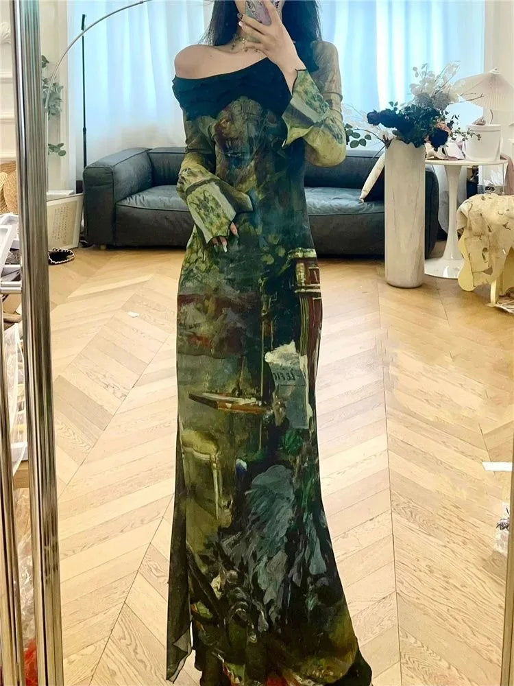 BXOXO Elegant Vintage Green Print Dresses Y2k Skew Collar Long Sleeve Dress for Women Spring New Slim Fit Bodycon Vestidos Mujer