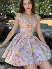 Bxoxo Women's Elegant Dresses French Print Summer New 2025 Casual Slim Waist A-Line Square-Collar Pleated Spaghetti Strap Vestidos