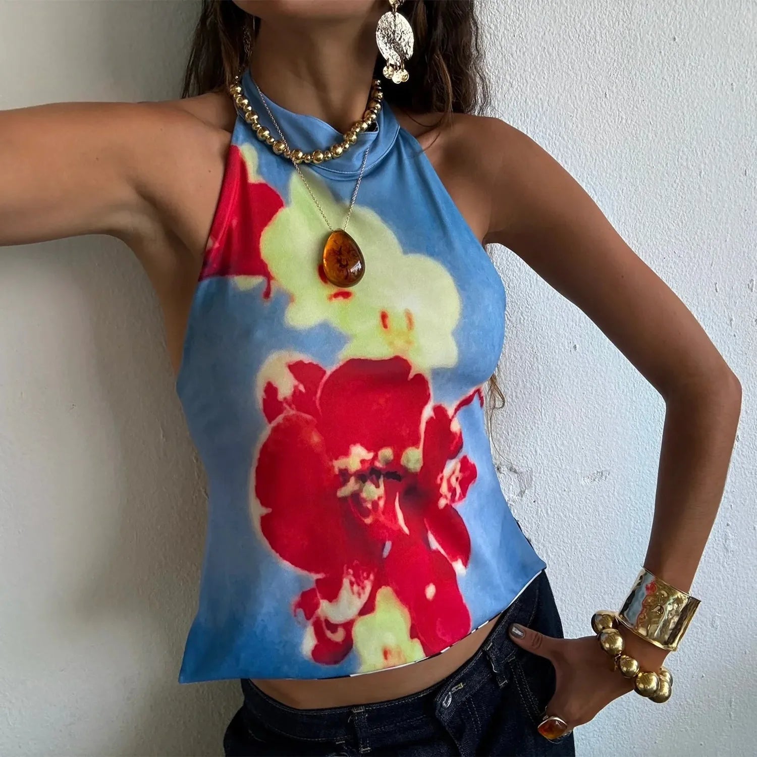 BXOXO Boho Graphic Print Backless Camis Women Y2k Halter Tank Top Vintage Sleeveless Tie Up Crop Top Summer Vest Streetwear