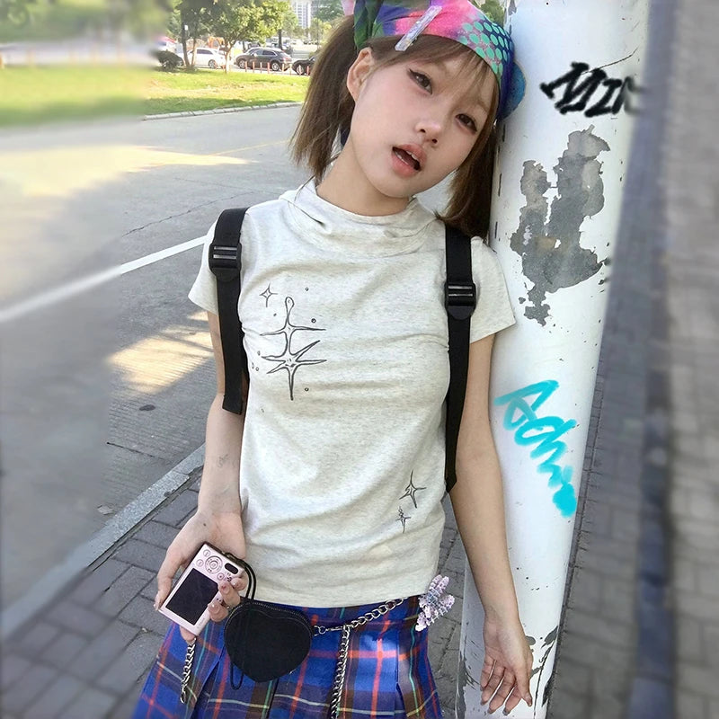 BXOXO Japanese Y2k Stand Collar T-shirt Trashy 2000s Style Short Sleeve Tee Shirt Vintage Harajuku Streetwear American Retro