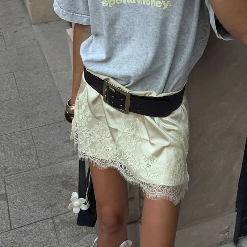Bxoxo Lace Splice Satin Mini Skirt For Women 2025 New Fashion High Waist Casual Skirts Loose Elegant Commuting Female Skirt
