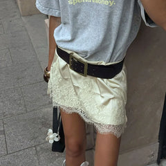 Bxoxo Lace Splice Satin Mini Skirt For Women 2025 New Fashion High Waist Casual Skirts Loose Elegant Commuting Female Skirt