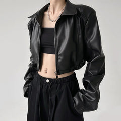 Bxoxo American Vintage Pu Leather Women Jacket Y2K Black Lapel Long Sleeve Crop Coats Harajuku Streetwear Zipper Casual Outerwear
