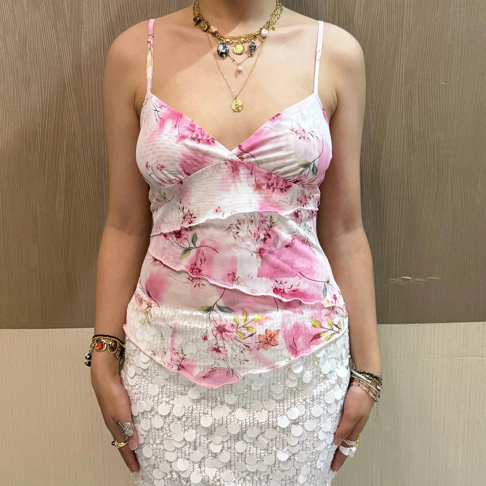 BXOXO Y2k Backless Tank Tops Women Elegant Chic Vest Ruffle Layers Crop Tops Fairy Coquette Boho Floral Print Mesh Sheer Camis