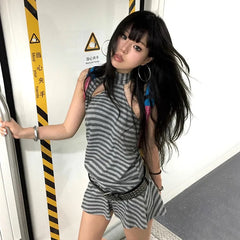 BXOXO Y2k Aesthetics Halter Dress Japanese 2000s Style Grey Striped Short Dress Vintage Harajuku Backless Mini Dress Grunge