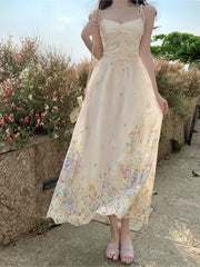 Bxoxo Summer French Print Embroidery Women's Dresses 2025 Prairie Chic Elegant V-Neck Pleated Lace-up Long Dress New Fashion Casual