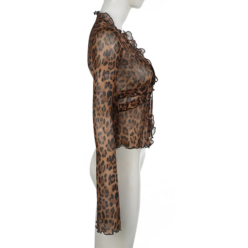 Bxoxo Leopard Shirt y2k Clothing Women Front Tie-up Ruffled Trim Flared Long Sleeve Mesh Blouse Top Grunge Clothes Streetwear