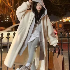 BXOXO Women's Autumn Winter Style Fit Thickened High-end Feel Medium-length Illusion Hooded Jacket Two-piece Faux Lamb Wool Overcoat