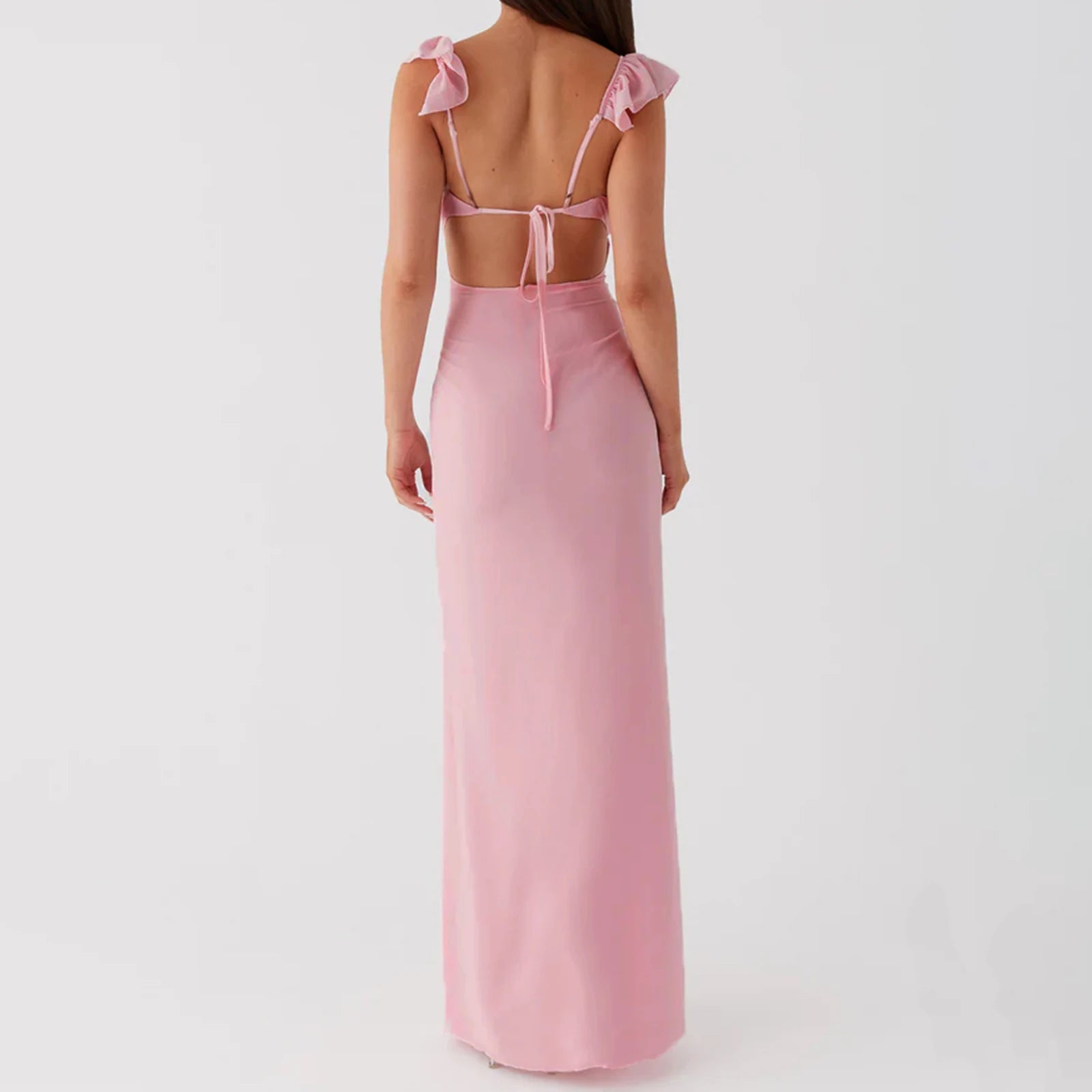 BXOXO Women Ruffle Trim Cami Dress Slim Solid Color Deep V Neck Open Back Tie Long Evening Dress for Party Clubwear