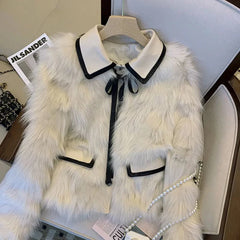 Bxoxo Fashion Faux Fox Fur Women Coat Y2K Korean Chic Patchwork Single Breasted Crop Jacket Winter Warm Elegant Bow Fluffy Outerwear