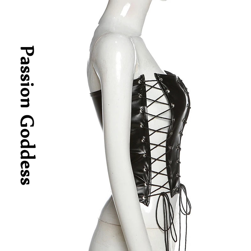Bxoxo Sexy Gothic Women PU Leather Corsets Bustiers Lace-up Bandage Crown Girdle Slim Waist Back Zipper Strap Corset Tops Curve Shaper