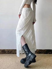 Bxoxo Elegant White Lace Long Skirt Women Vintage Slim Sexy Slit Streetwear Skirts Summer Retro High Waist Design Lady Long Skirt