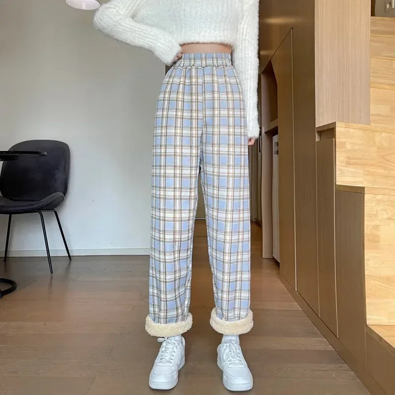 BXOXO Fashion Warm Plush Pants Cashmere Thick Plaid Ladies Winter Casual Loose Wide-legged Pants Korean Streetwear Students