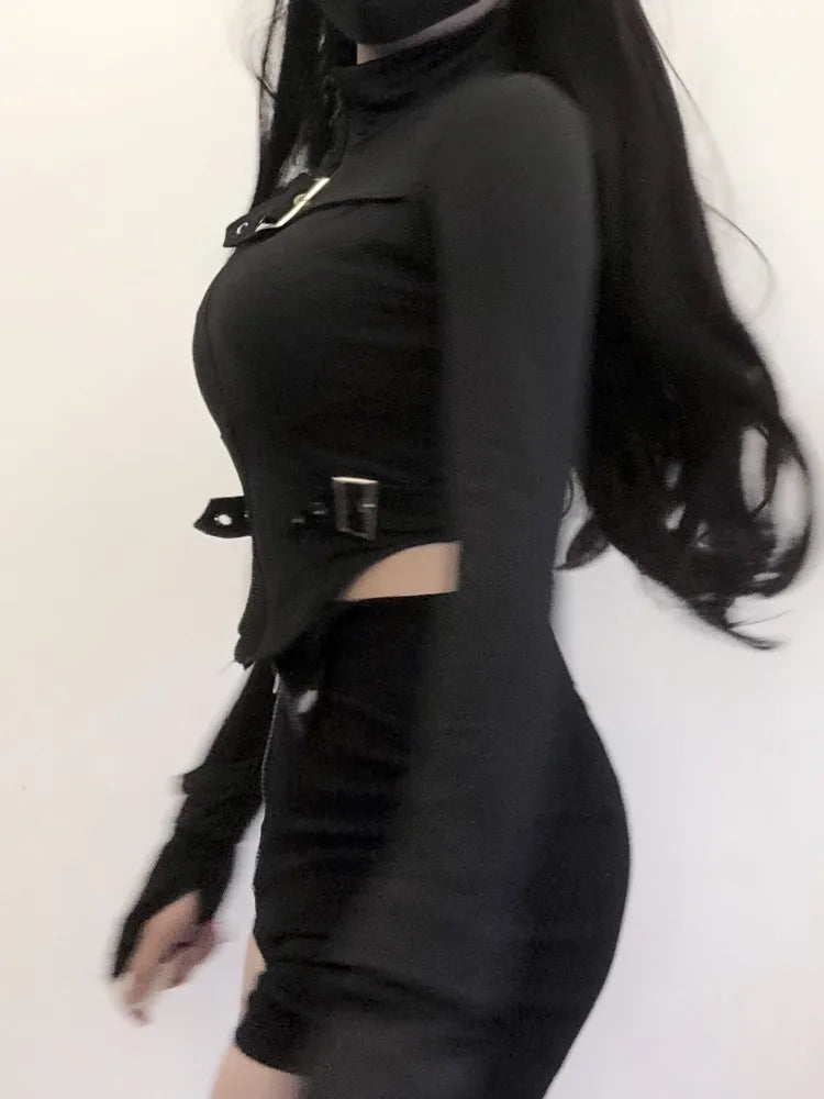 BXOXO 2025 Summer New Slim Fit Zipper Long Sleeve Black Tops Women+ Drawstring Ruched High Waist Shorts Y2k E-Girl Two Piece Sets
