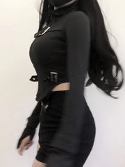 BXOXO 2025 Summer New Slim Fit Zipper Long Sleeve Black Tops Women+ Drawstring Ruched High Waist Shorts Y2k E-Girl Two Piece Sets