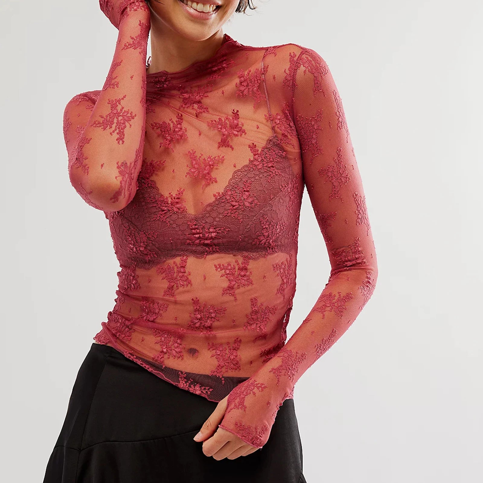 BXOXO Sheer Mesh Long Sleeve Layering Top for Women Mock Neck Floral Lace T shirt See Through Tee Shirt Blouse Summer Cover Up