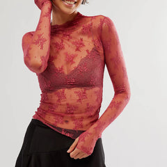 BXOXO Sheer Mesh Long Sleeve Layering Top for Women Mock Neck Floral Lace T shirt See Through Tee Shirt Blouse Summer Cover Up