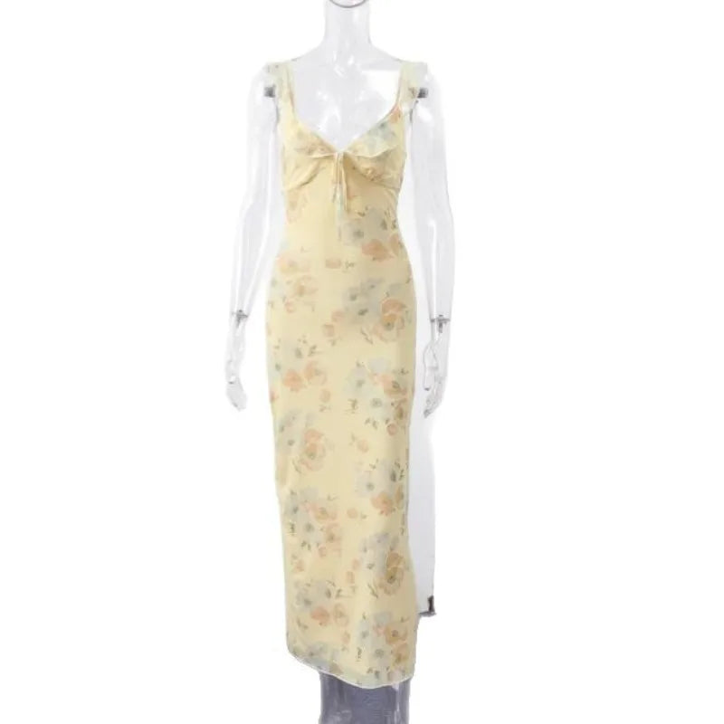 BXOXO Summer Flower Printed Women's Sexy Low-cut Dress Sleeveless Backless Slim Sling Dresses 2025 Beach Vacation Lady Vestidos