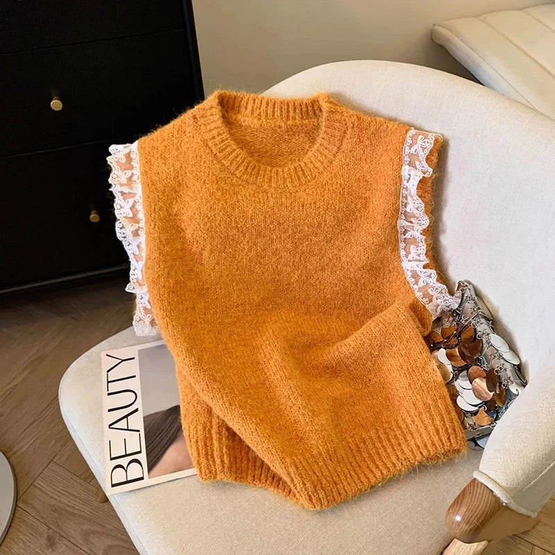 Bxoxo Lace Patchwork Sweet Sweater Vest Women Vintage O Neck Casual Knitted Tops Korean Preppy Style Lady Lazy Wing Cute Vest New