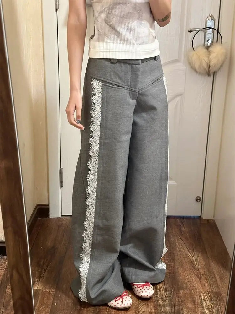 Bxoxo Y2k Gray Lace Women Suit Pants Vintage Harajuku Patchwork Wide Leg Korean Fashion Baggy Trousers Elegant Casual Sweet
