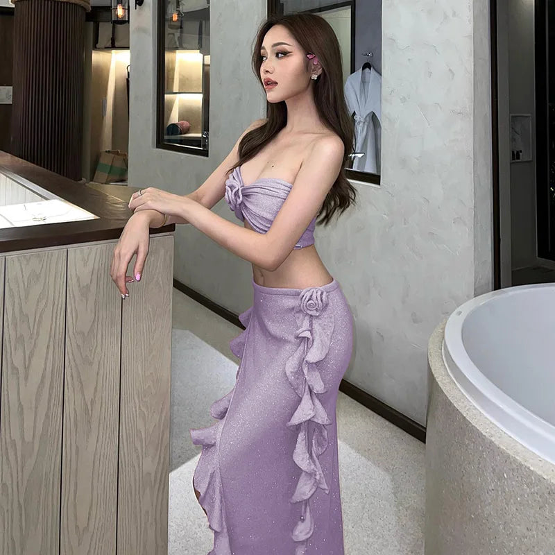 BXOXO Autumn Women Clothing Suspended floral bra top with sexy split and shimmering casual Slim Fit Skirts Dresses