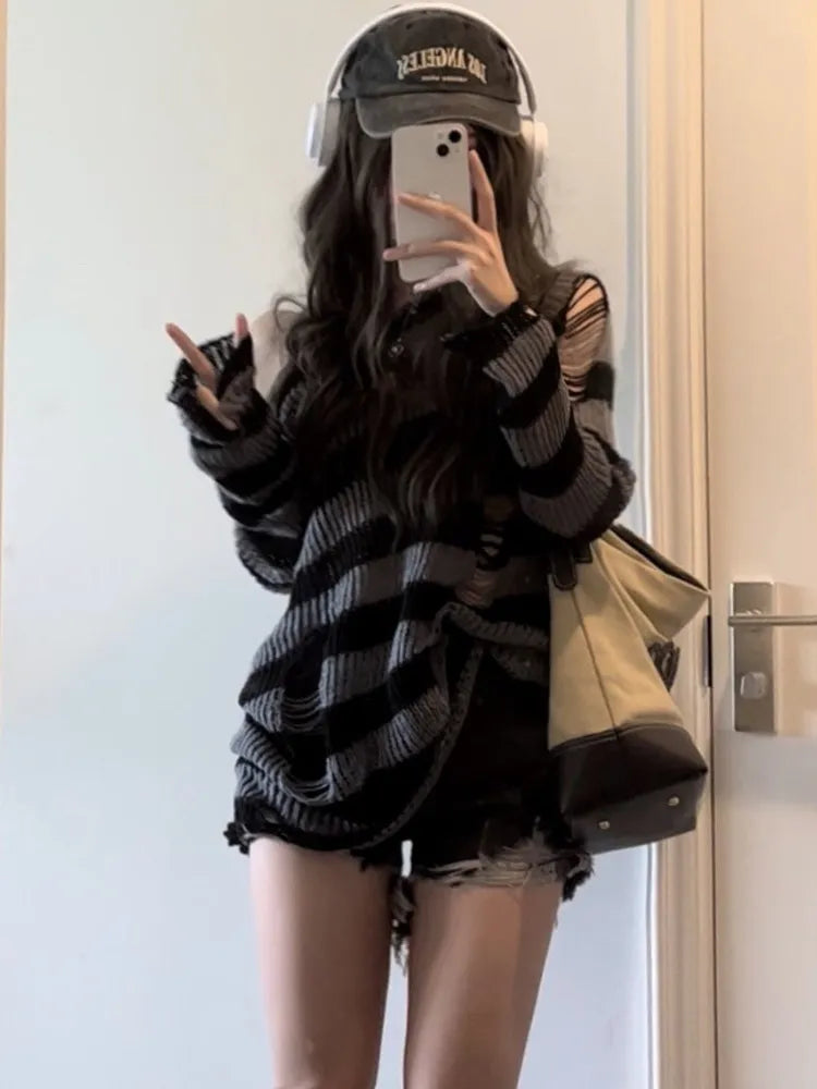 BXOXO Gothic Streetwear Striped Knitted Sweater Women Harajuku Punk Hollow Out Jumper Hole Loose All-match Tops Grunge E-girl