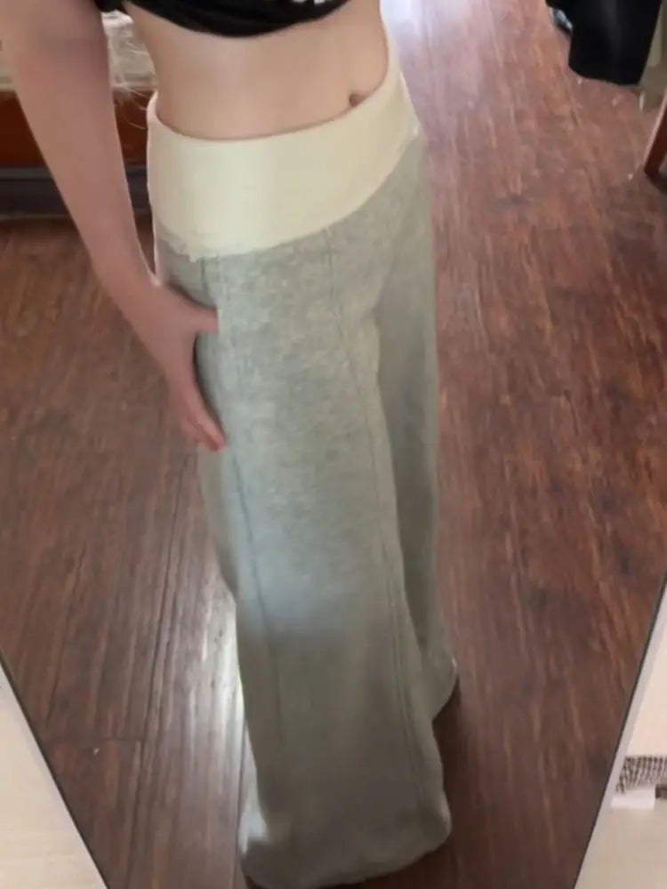 Bxoxo Basic Lace Patchwork Women Flare Pants Gray Korean Fashion Sweatpants Harajuku Contrast Color Trousers Baggy Casual