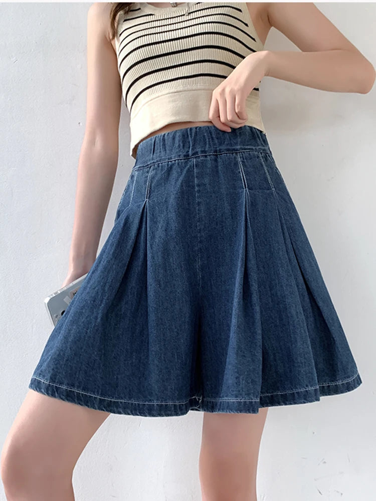 BXOXO S-5XL Summer Korean Fashion Blue Mini Denim Pleated Shorts Skirt Women High Waist A Line Short Pants Jeans Female