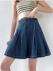 BXOXO S-5XL Summer Korean Fashion Blue Mini Denim Pleated Shorts Skirt Women High Waist A Line Short Pants Jeans Female