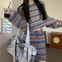 Bxoxo Y2k Vintage 2 Piece Sets Women Korean Style Striped Knitted Skirt Sets Autumn Winter Street Sweater Sets Aesthetics