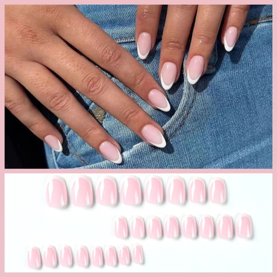 Bxoxo 24P French Oval False Nails Girls White Edge Design Nude Color Wearable Press on Nail Full Cover Short Acrylic Almond Fake Nails