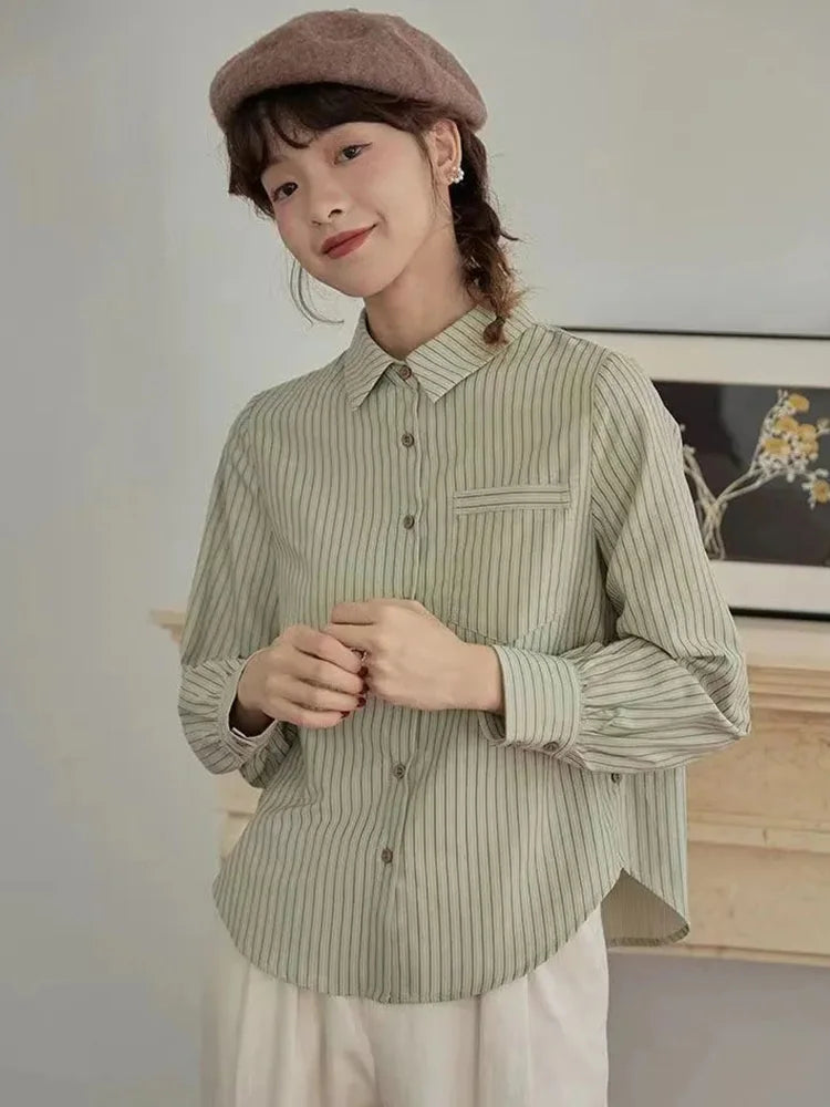 Bxoxo Preppy Style Retro Striped Shirt Women Long Sleeve Elegant Sweet Blouse Japan Casual Pocket Fall Female Simple Vintage Tops New
