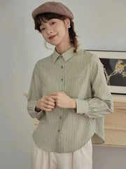 Bxoxo Preppy Style Retro Striped Shirt Women Long Sleeve Elegant Sweet Blouse Japan Casual Pocket Fall Female Simple Vintage Tops New