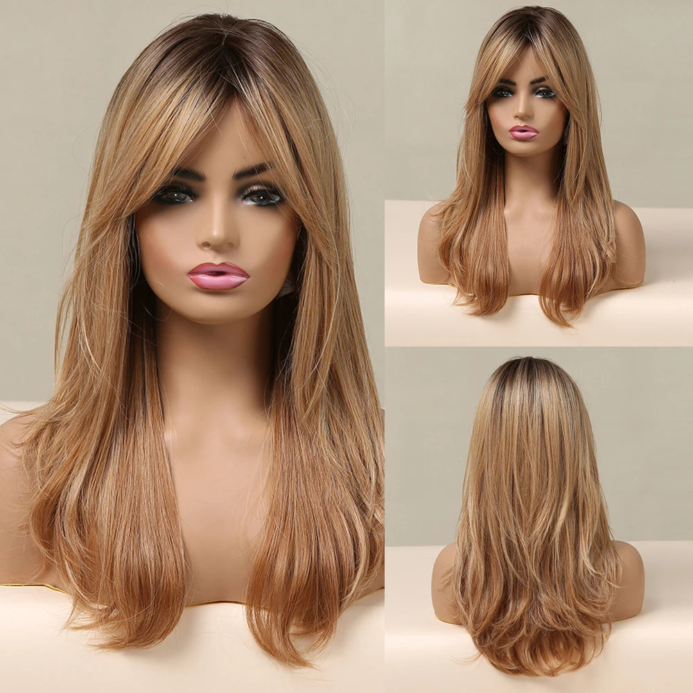 BXOXO Long Wavy Blonde Synthetic Wigs Platinum Daily Natural Hair Wigs With Bangs Cosplay Wig for Women Heat Resistant
