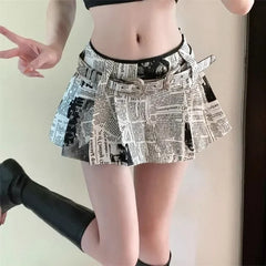 BXOXO American Printed Pleated Skirts 2025 Autumn New Low Waisted A-line Skirt for Women Y2k Grunge Faldas Mujer Newspaper