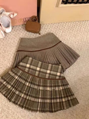 Bxoxo Vintage Plaid Pleated Skirts Women Y2K Autumn Winter Preppy Faux Woolen Mini Skirts Female High Waist Sweet Blended Skirts New