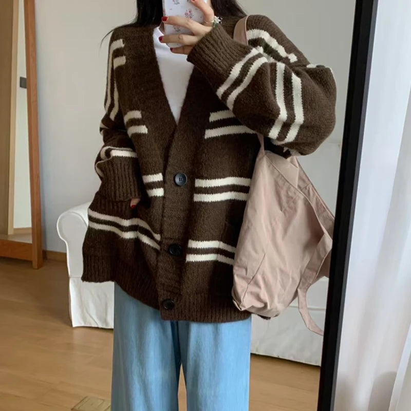 Bxoxo Women Cardigan Sweater Striped V-neck Button-up Sweater Jacket Comfy Cozy Slouchy Cardi Autumn Winter Casual Outfit