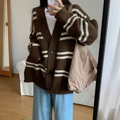Bxoxo Women Cardigan Sweater Striped V-neck Button-up Sweater Jacket Comfy Cozy Slouchy Cardi Autumn Winter Casual Outfit