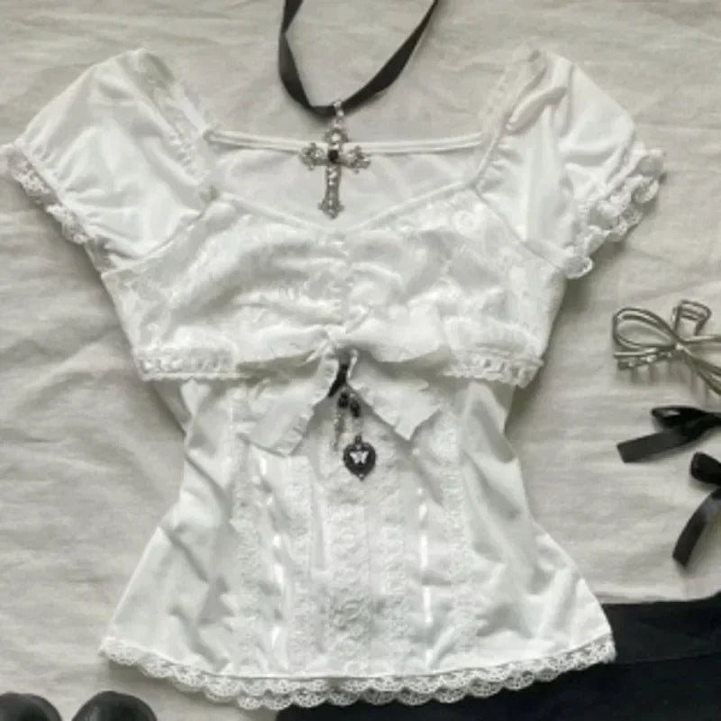BXOXO Summer New Two Piece Sets Women Japanese Sweet Vintage Lace Slim Short Sleeve Tops + Y2k High Waist Bow Patchwork Skirts
