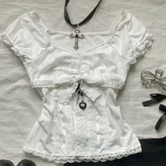 BXOXO Summer New Two Piece Sets Women Japanese Sweet Vintage Lace Slim Short Sleeve Tops + Y2k High Waist Bow Patchwork Skirts