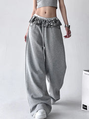 Bxoxo Chic Bright Silk Patchwork Sweatpants Women Loose Streetwear High Waist Casual Pant Fashion Pockets Fall American Gray Trousers