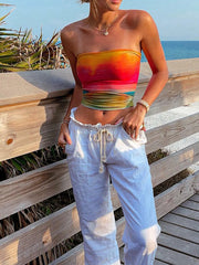 BXOXO Women Sexy Y2k Tie Dye Basics Camis Wrap Chest Tube Tops Print Boat Neck Strapless Tank Tops Summer Backless Bandeau Crop Tops