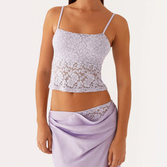 BXOXO Women Summer Floral Lace See-through Patchwork Tops Sleeveless Adjustable Spaghetti Straps Slim Cami Crop Tank Vest