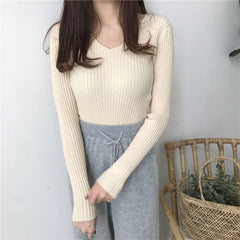 BXOXO Women V-Neck Slim Sexy Sweater Knit Long Sleeve Solid Bottoming Sweater Casual Pullovers For Women Autumn Winter