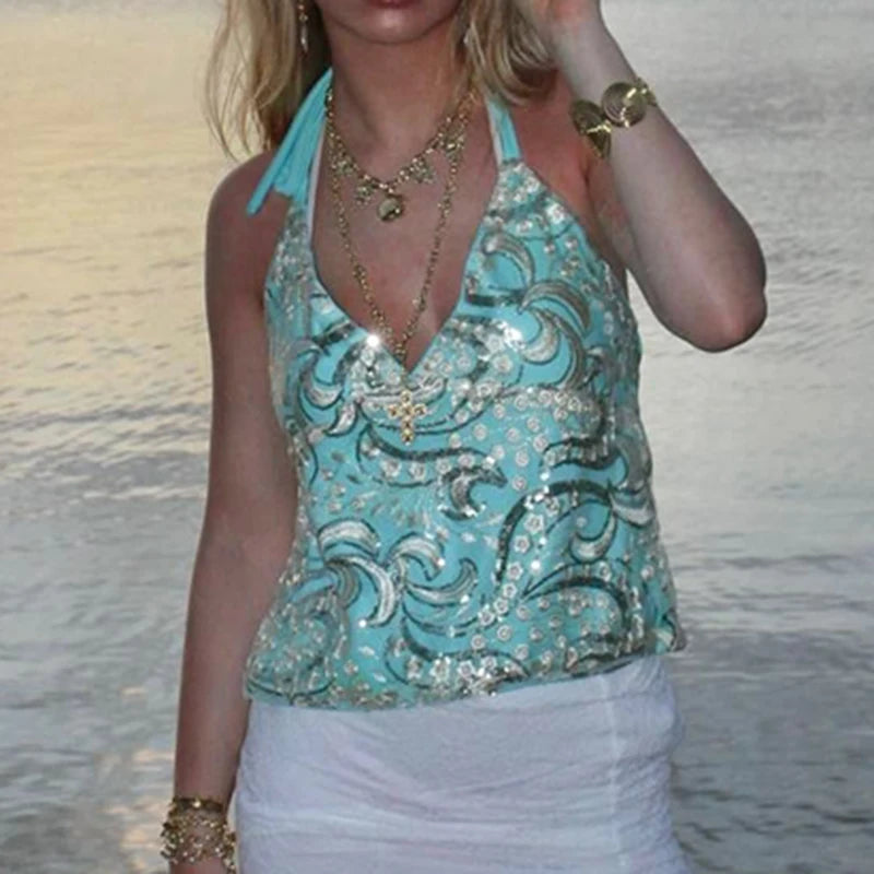 BXOXO Glitter Beaded Vest Sequin Sparkly Backless Tie Up Halter Tops Boho Beach Vacation Crop Top Women Y2k Coquette Camis