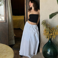 BXOXO Y2k Ruffle Long Skirt for Women Elastic Waist Drawstring Maxi Midi Skirt Flowy A-Line Tiered Skirt Summer Vacation Beachwear