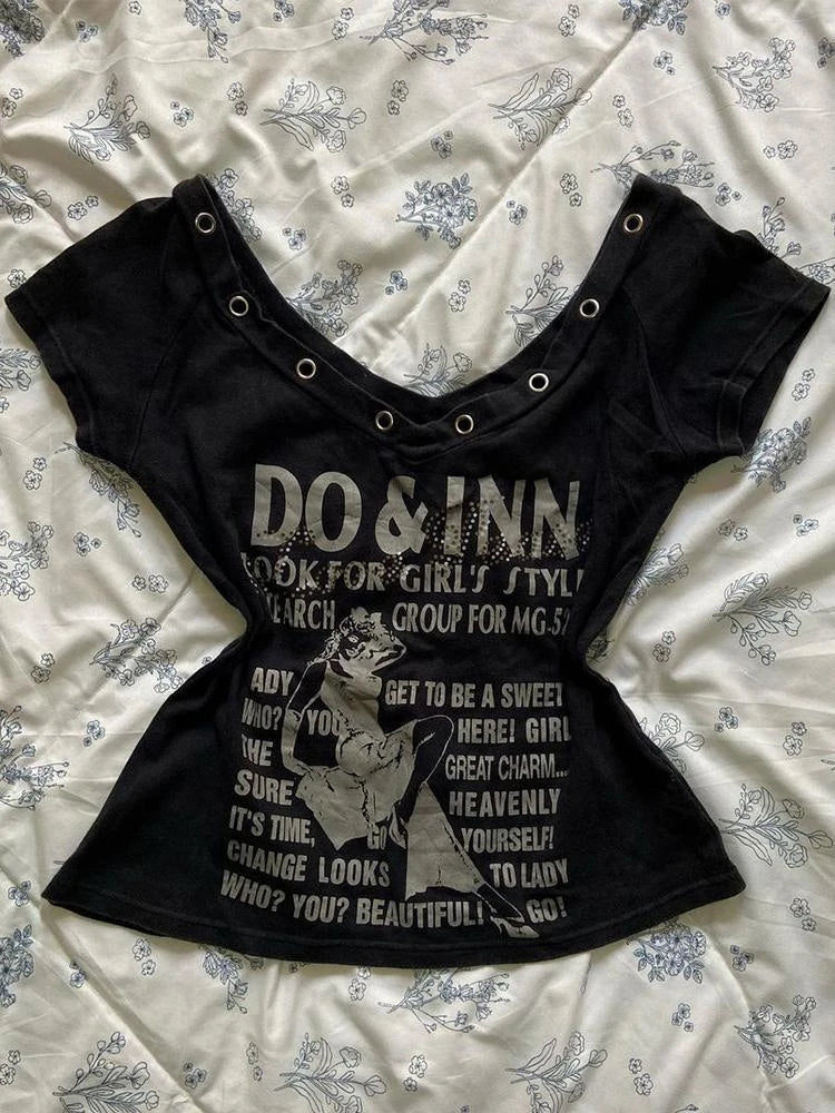 BXOXO Harajuku Fairy Cropped Letter Printing V Neck T Shirts + Stripe Grunge Tank Top Women Summer Y2k Two Pieces Set Aesthetic