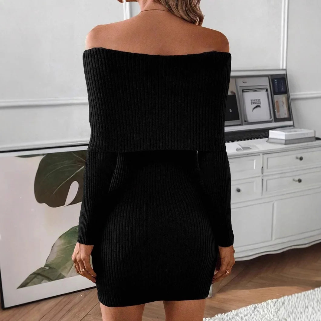 BXOXO Women's New Spliced Fashionable Solid Color Slim Fit Casual Long Sleeved Knitted One-piece Collar Dress